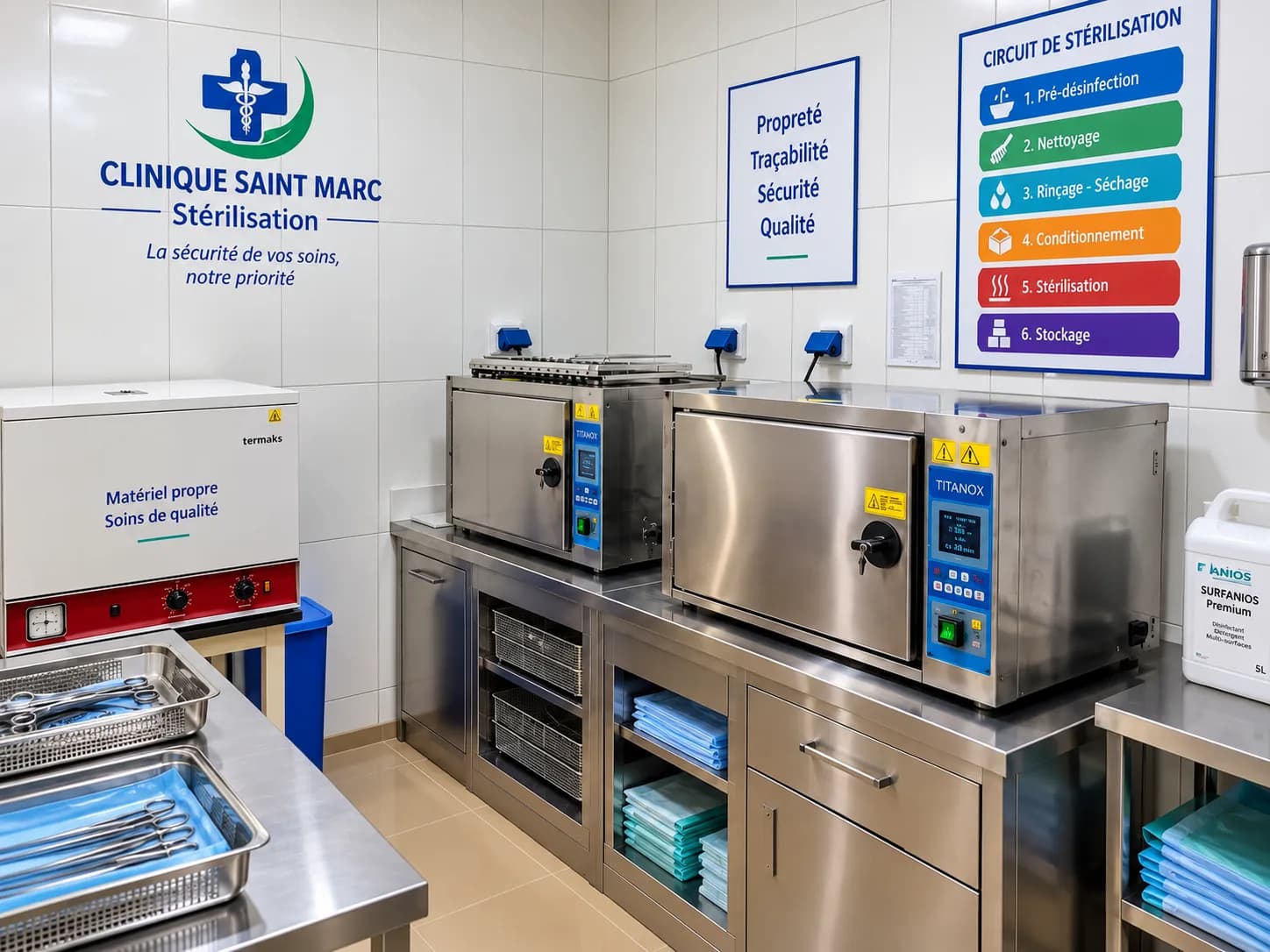 Salle de stérilisation de la clinique, avec autoclaves et matériel conditionné
